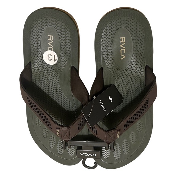 RVCA Perforated TBar Mens Flip‎ Flops Olive Green Brown Sandals 103063 Size 13 main image 5